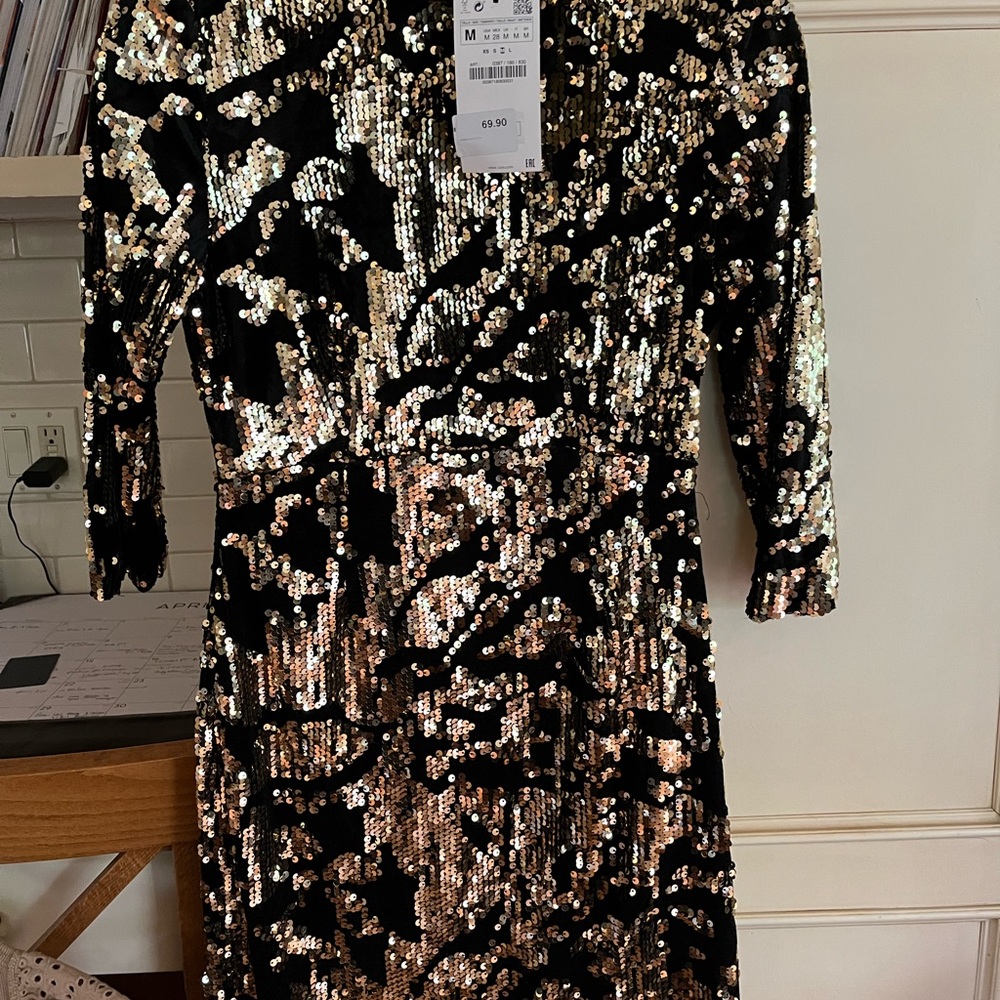 Zara Black and Gold Sequin Midi Dress
